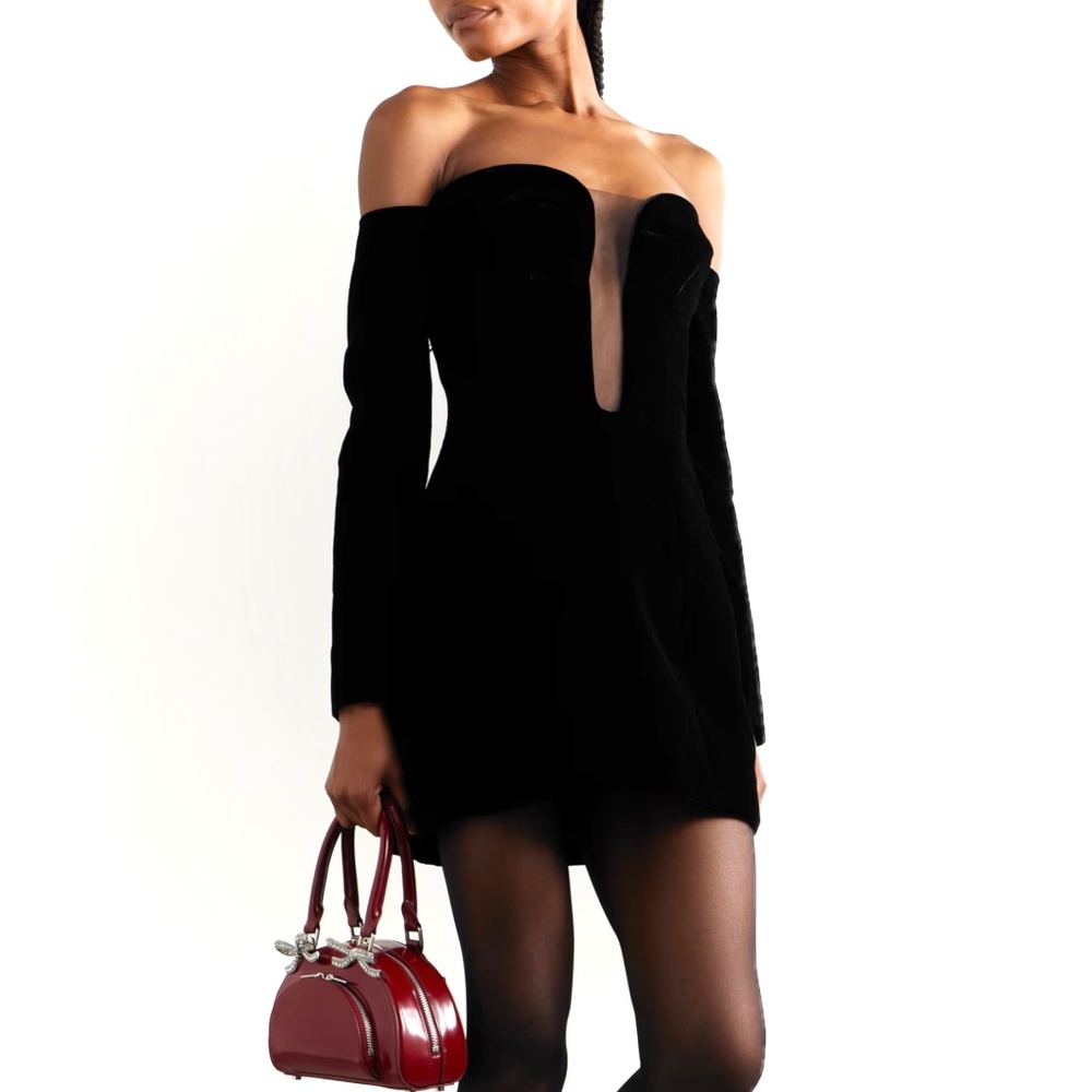 Nina Ricci Off-The-Shoulder Tulle-Trimmed Velvet Mini Dress L